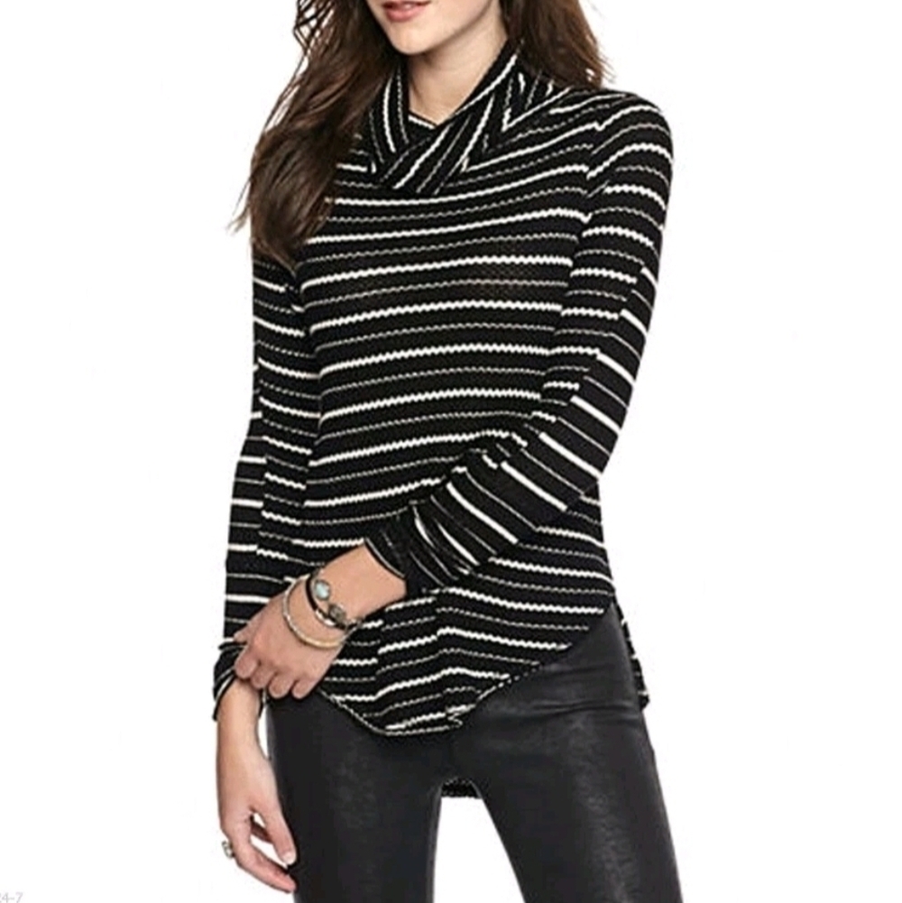 We the Free People Kristina Cowl Neck Black White Stripe Top Size Medium Waffle